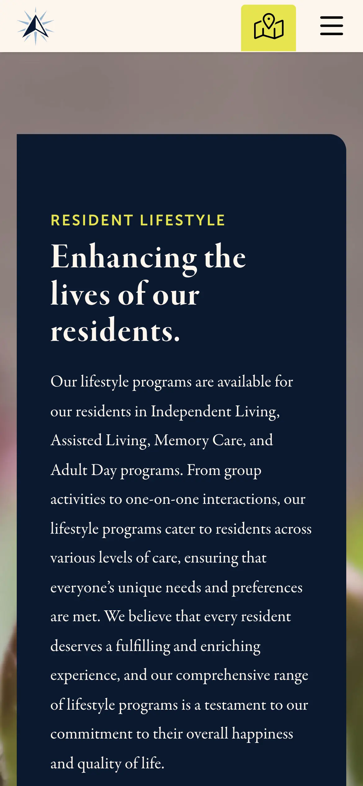 Mobile Lifestyle Programs hero, “Enhancing the lives of our residents.,” describing activities across every level of care.