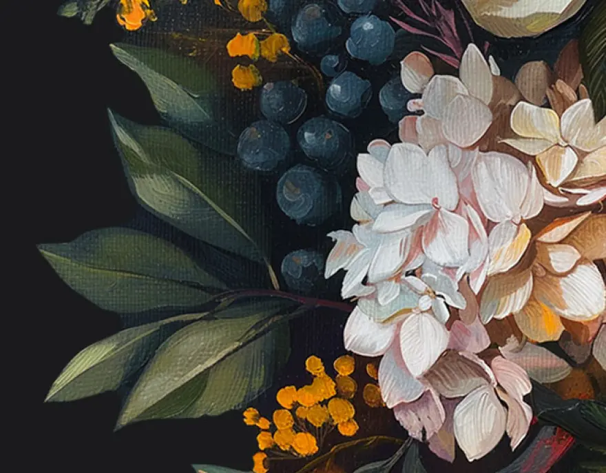 A painted bouquet of white hydrangeas, dark berries and orange blooms against a black ground.