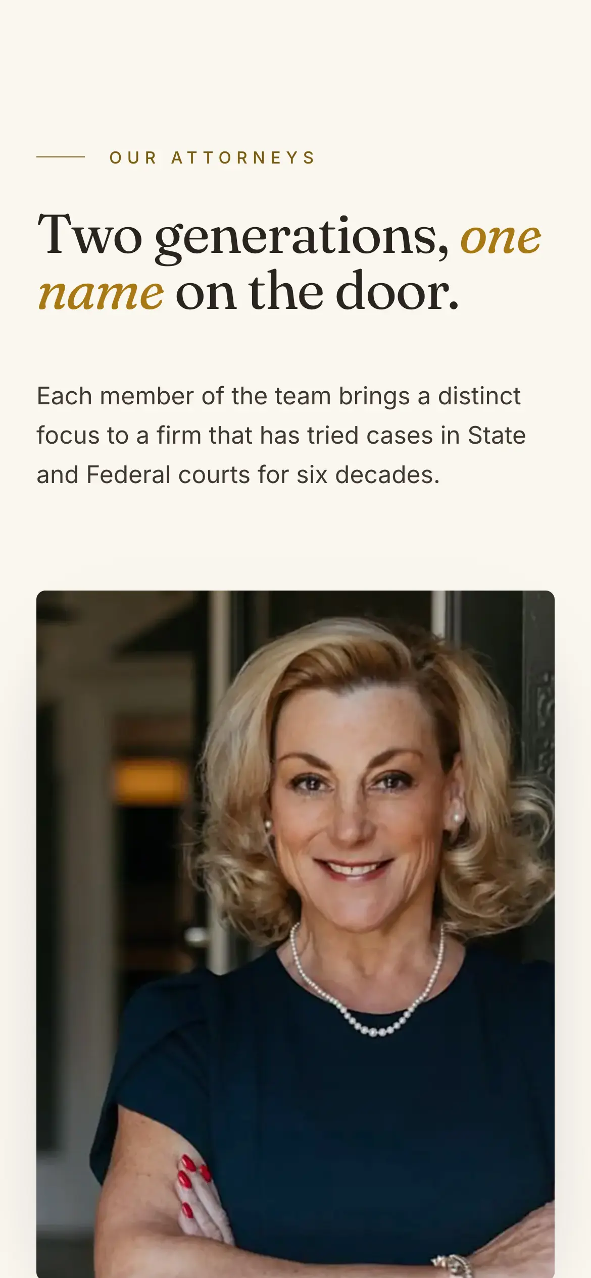Mobile attorneys section, “Two generations, one name on the door.,” with full-width partner portraits.