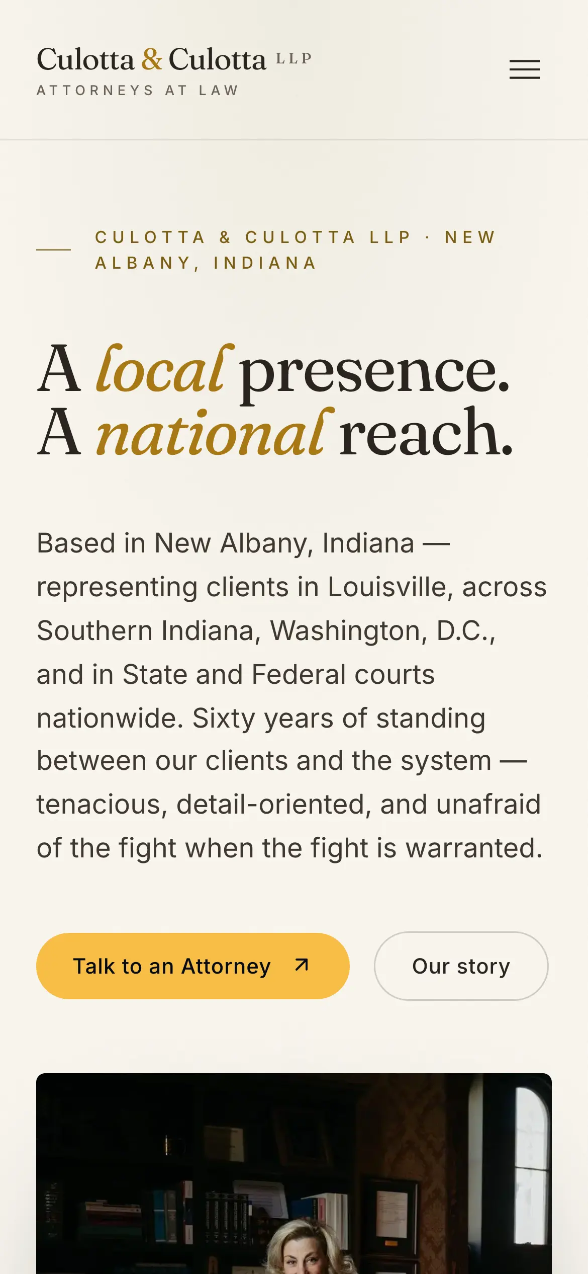 Mobile homepage hero, “A local presence. A national reach.,” with the Talk to an Attorney and Our story buttons above the fold.