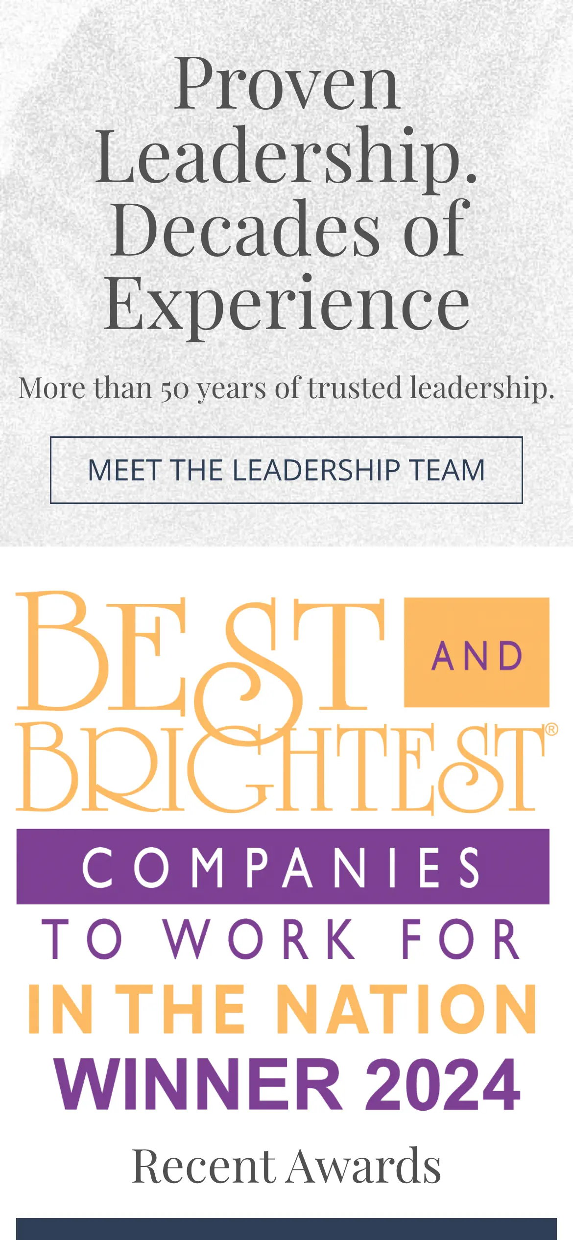 Mobile leadership band, “Proven Leadership. Decades of Experience,” above the Best and Brightest Companies to Work For award.