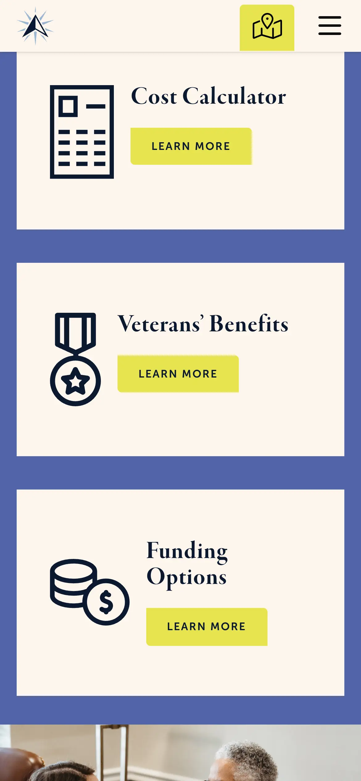 Mobile caregiver tools for a Cost Calculator, Veterans’ Benefits and Funding Options, each with a Learn More button.