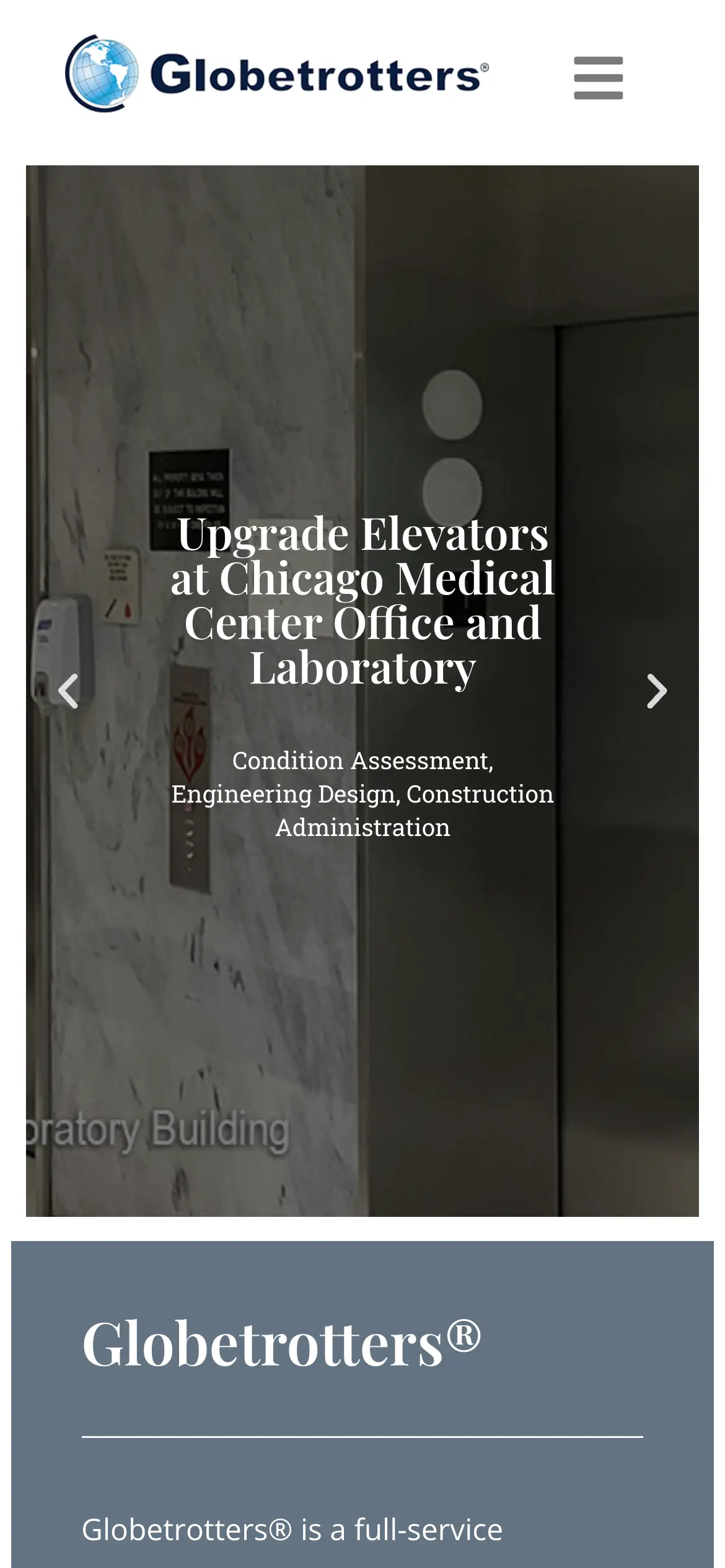 Mobile homepage slider with the featured “Upgrade Elevators at Chicago Medical Center Office and Laboratory” project.