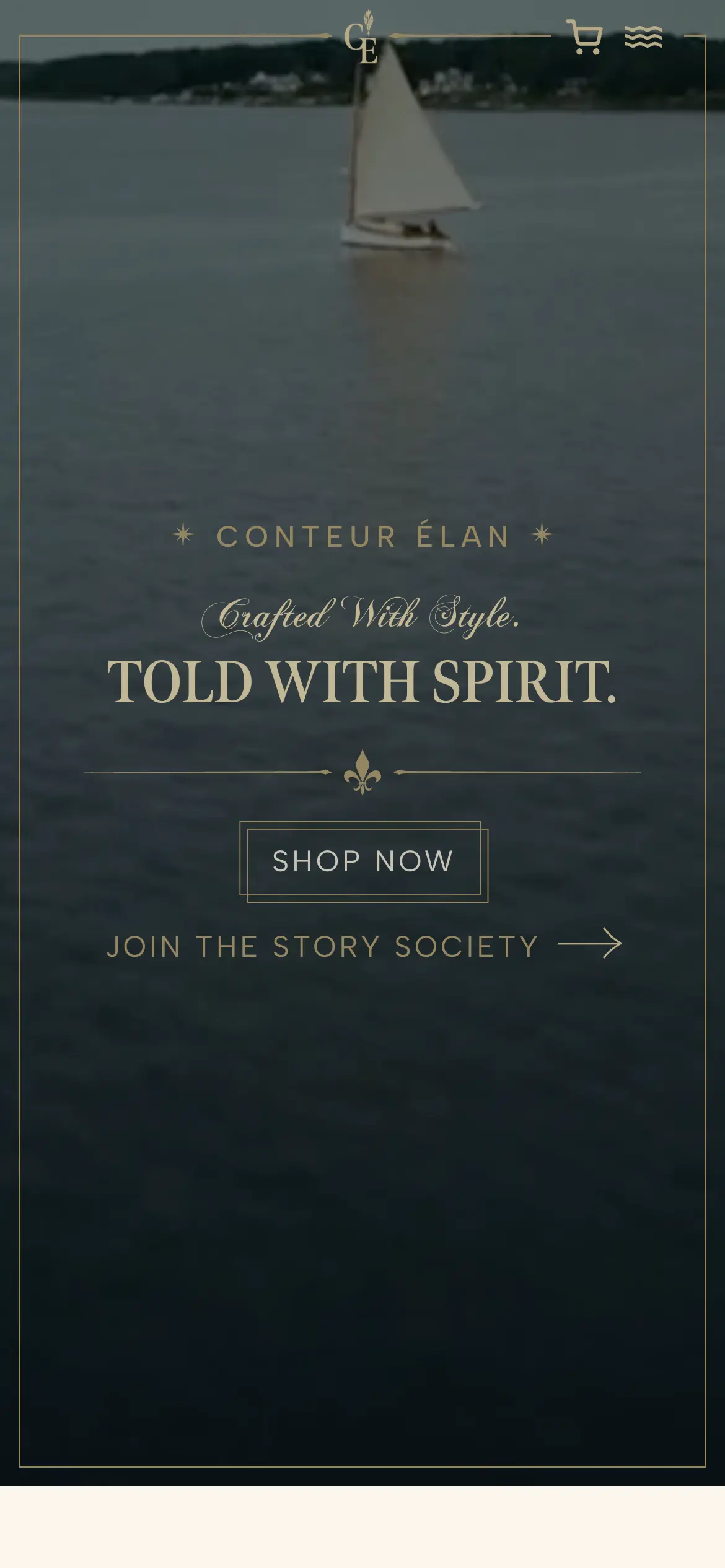 Mobile homepage hero, “Crafted With Style. Told With Spirit.,” set over mobile-specific film footage with Shop Now and Join the Story Society calls to action.