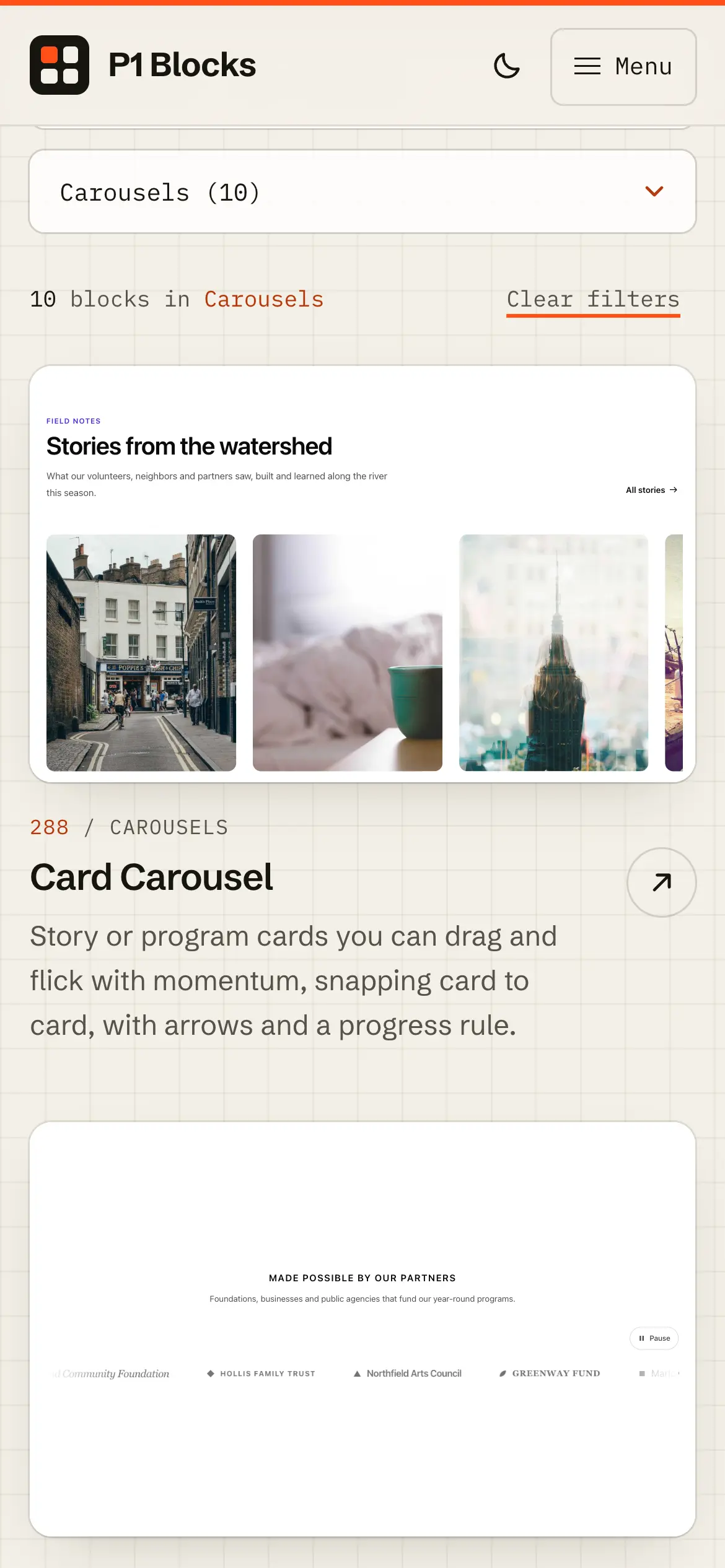 Mobile carousels catalog filtered to 10 blocks, opening on the Card Carousel and Logo Marquee previews.