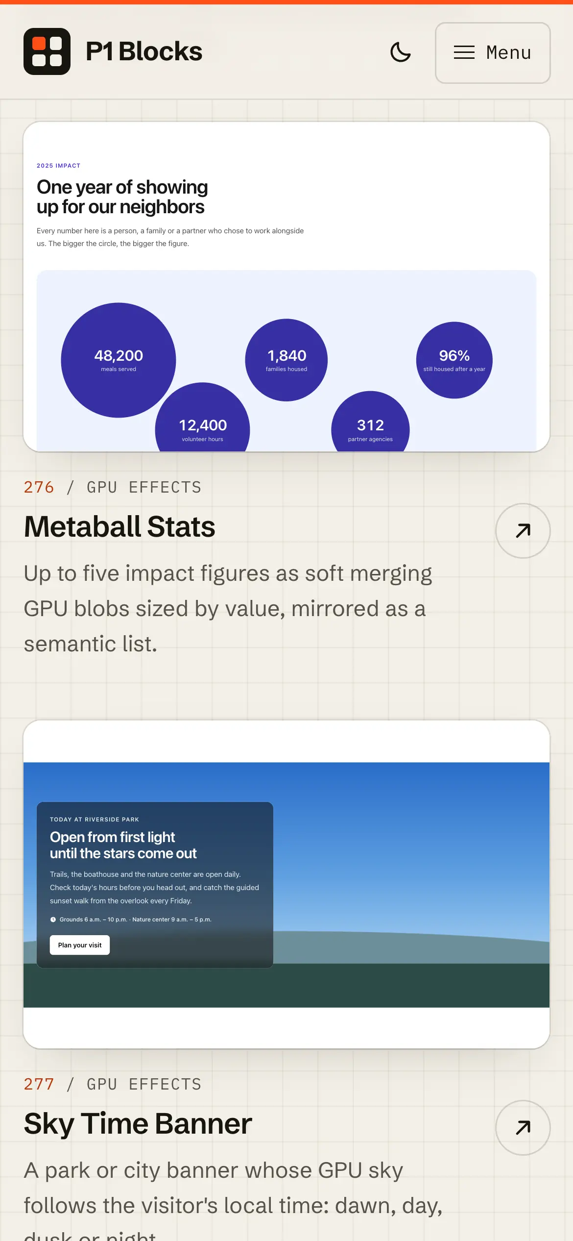 Mobile previews of the Metaball Stats and Sky Time Banner GPU blocks, with impact figures set in merging blobs above a park banner under a live sky.