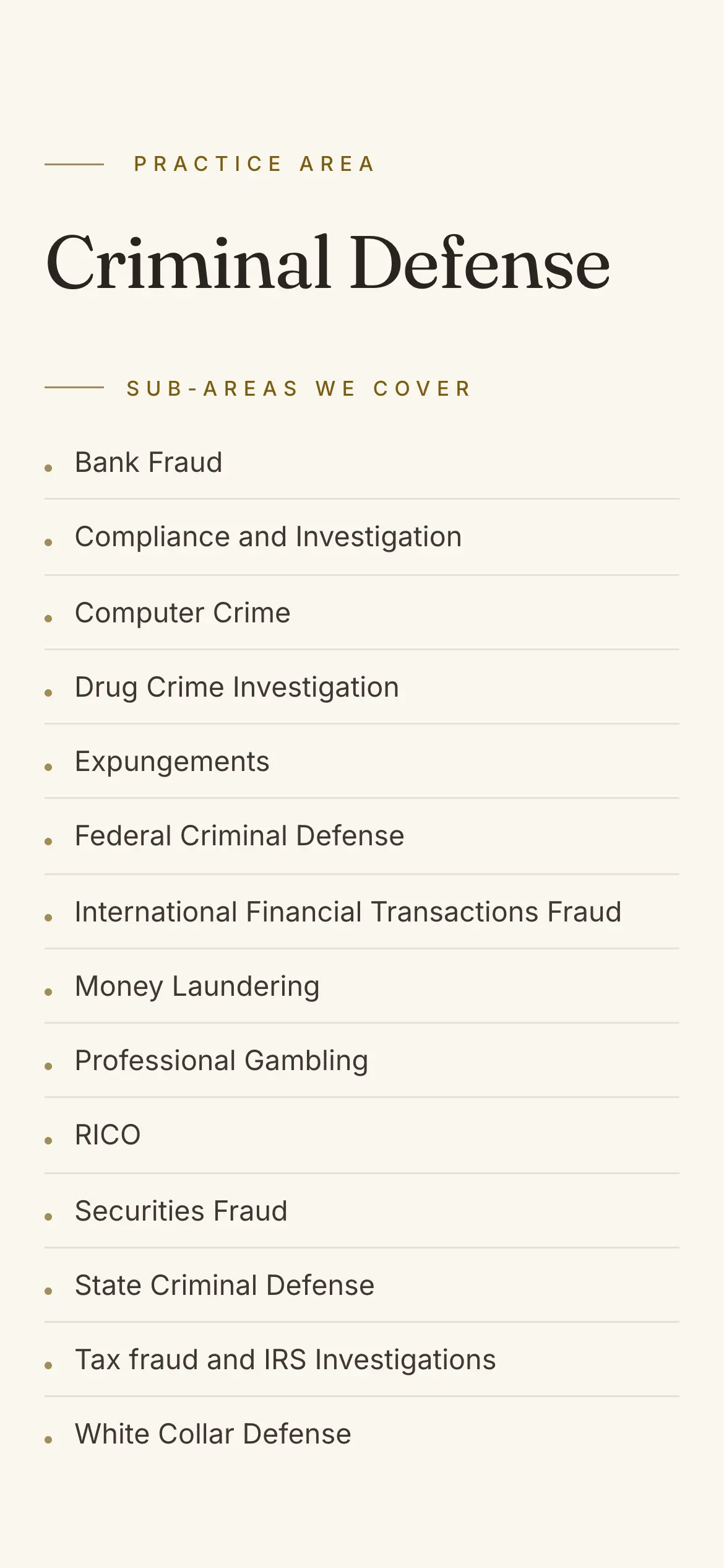 Mobile Criminal Defense page listing the sub-areas the firm covers, from Bank Fraud to White Collar Defense.