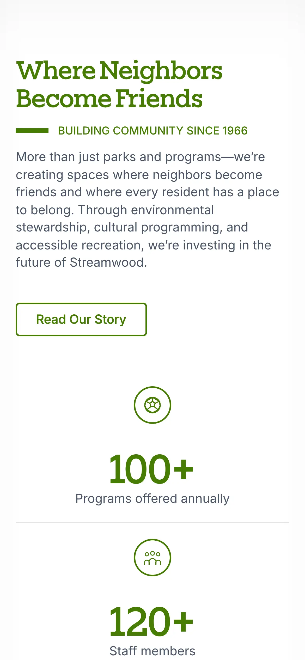 Mobile “Where Neighbors Become Friends” stats, with 100+ programs and 120+ staff members stacked vertically.