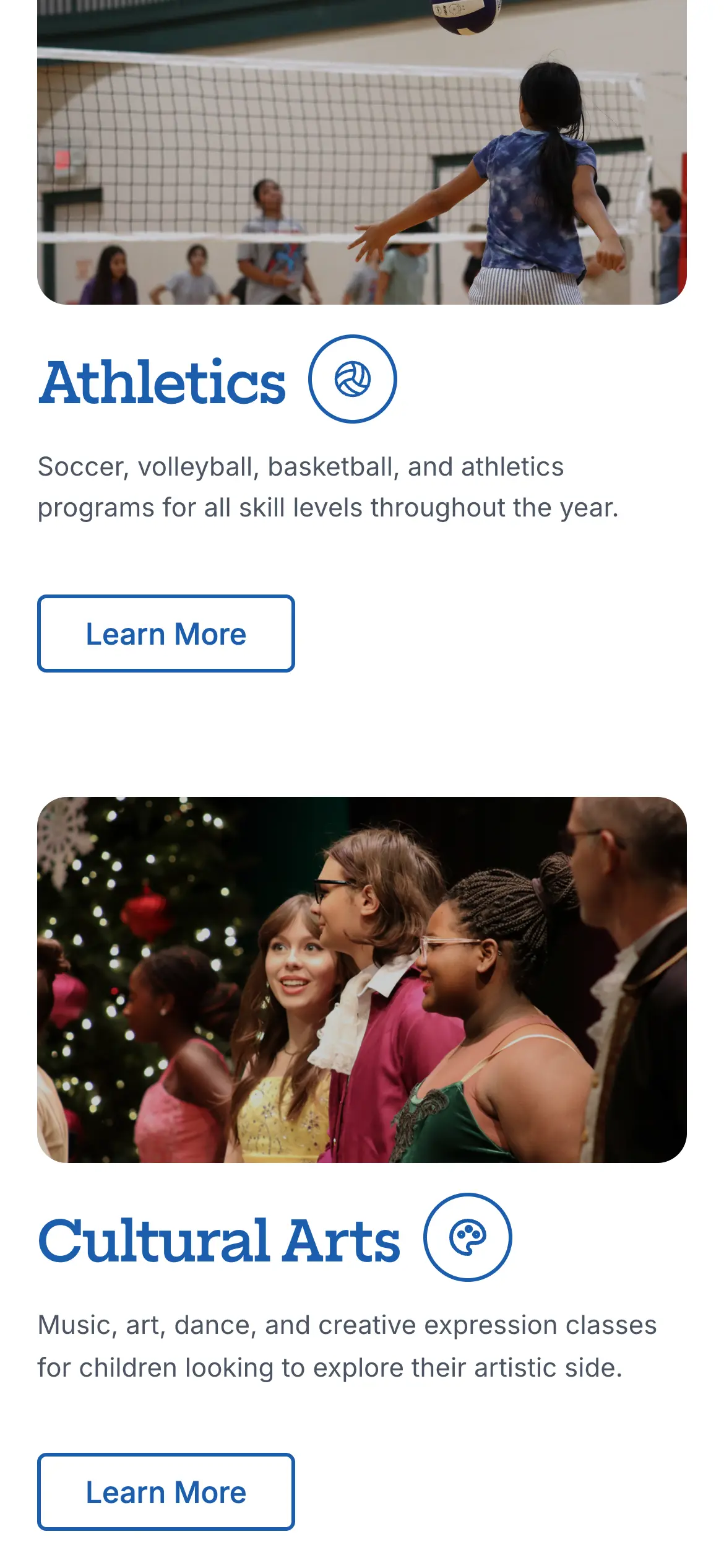 Mobile program categories, with Athletics and Cultural Arts cards each linking to their own page.